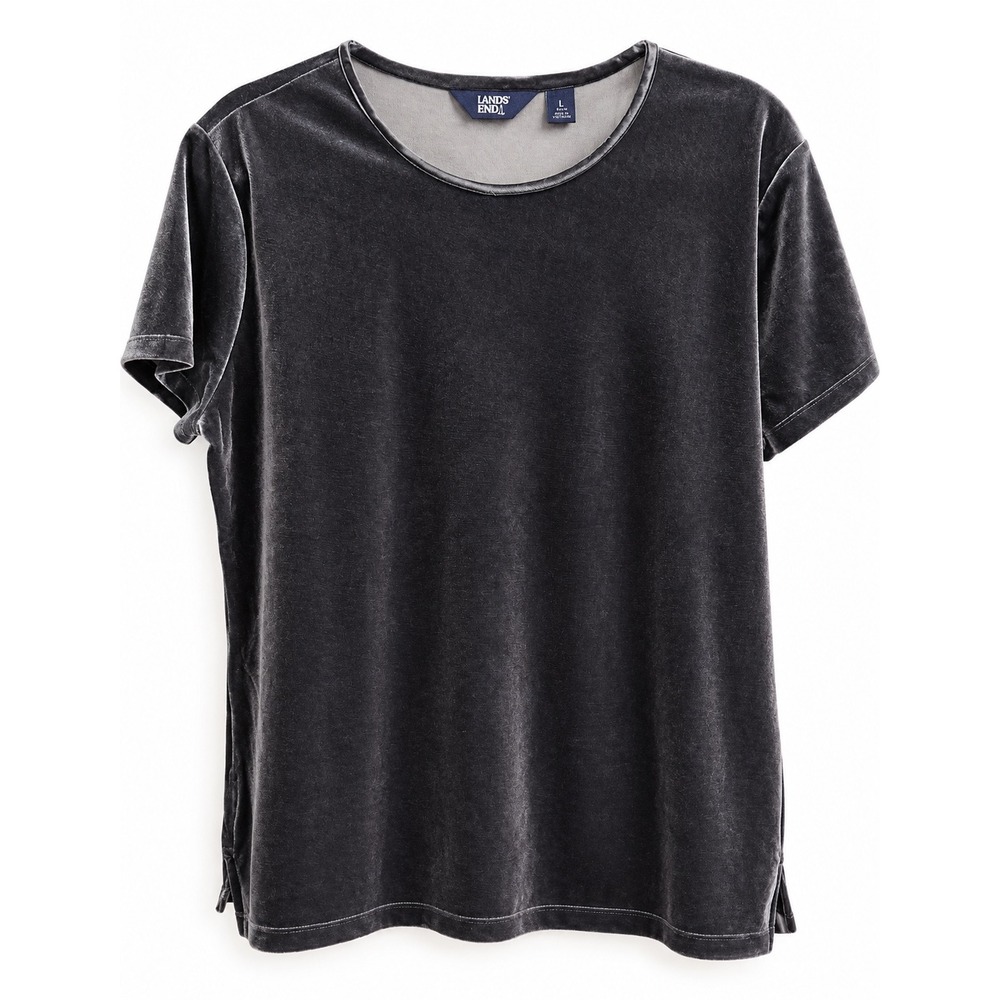 Lands End Womens Large Dark Gray Velvet Velour Short Sleeve Crew Neck Top